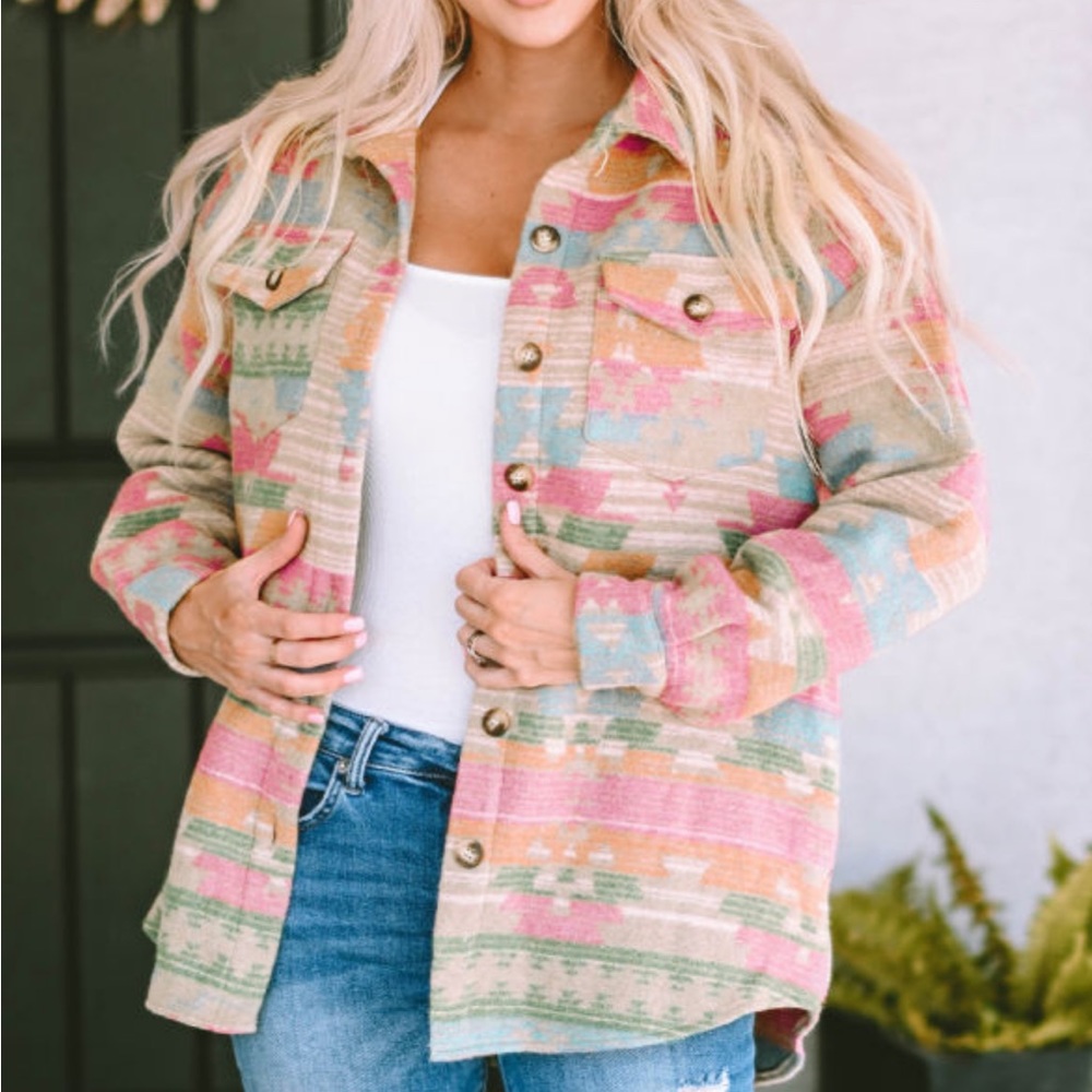 Western Multicolor Aztec Print Button Down Shacket - Picture 6 of 14